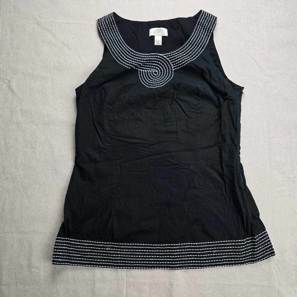 Ann Taylor LOFT Womens Small Black Sleeveless Embroidered Neckline Cotton Blouse